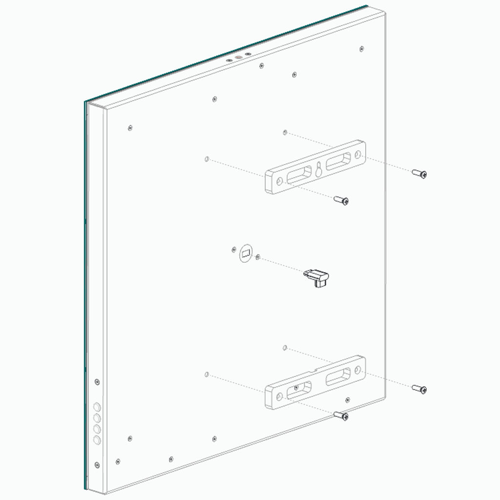 Diagramma di montaggio: adattatore USB-C 90° e wall mount sul retro del case
